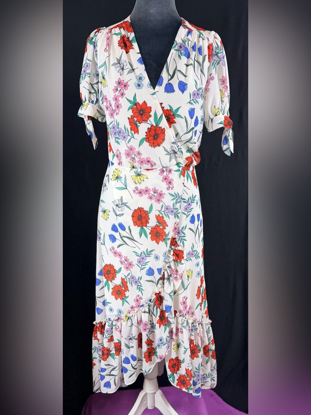 Yumi Kim White Midi Wrap Dress with Red, Blue & Pink Floral Print High Low Mori